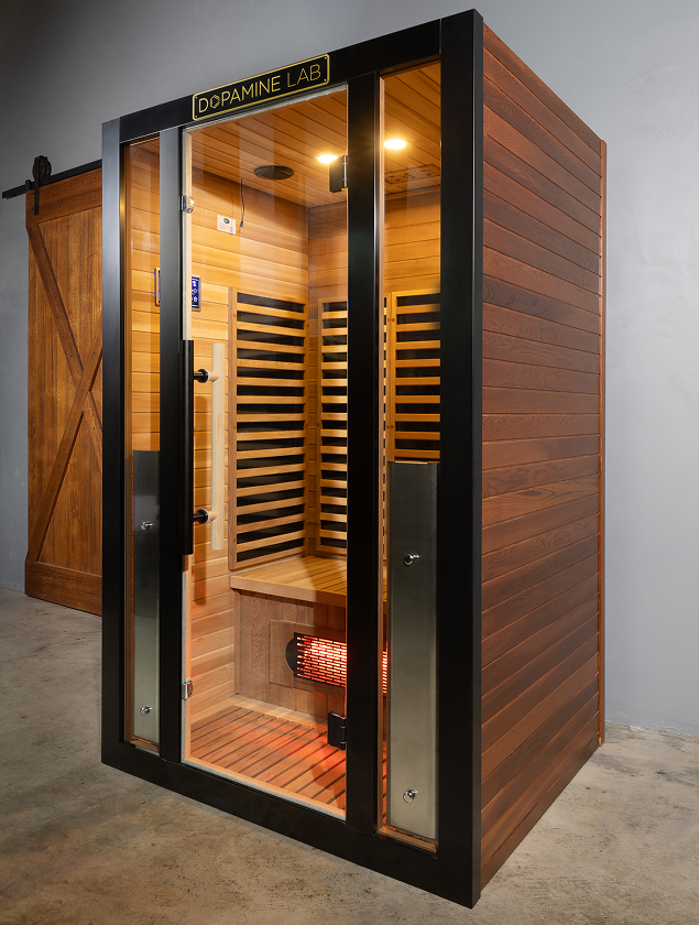 MIRNA 2-PERSON SAUNA_2 Mirna 2 person infrared sauna showcasing the red cedar exterior, titanium frame and red light tube