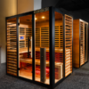 OBNOVA 4-5 PERSON SAUNA showcasing the red cedar and titanium frame with front and side glass