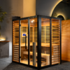 Obnova 4-5 person infrared sauna showcasing the beautiful red cedar interior and exterior wall wrapped in black titanium